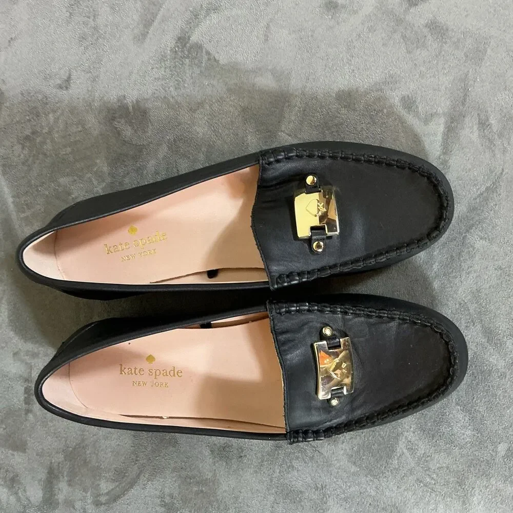 8 B Kate Spade Brass Bit Flats Leather Womens 8 B Carmen Navy 38.5